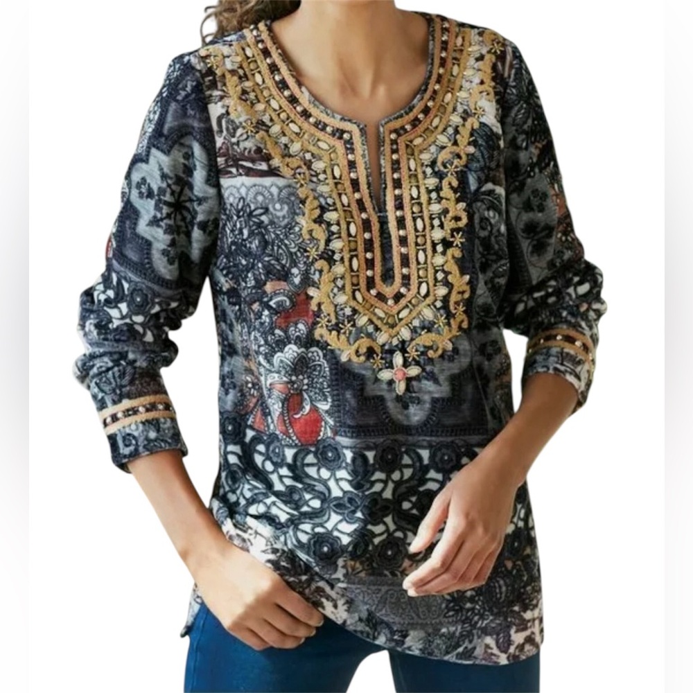 Soft Surroundings Venetian Embroidered Beaded Top Size XL Maximalist Jewels